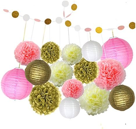 Pink and gold white theme decoration Paper lanterns Paper ball pom poms flowers Glitter Polka Dot Paper Garland