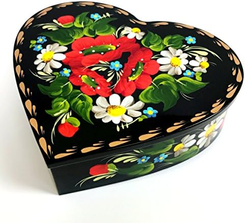 European Ethnic Floral Heart-Shaped Wooden Jewelry Box Hand-Painted Petrykivka Manner Case for Earrings, Necklace, Rings (Red and Green)