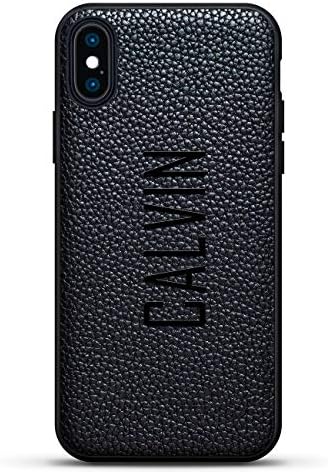 NAME: CALVIN, MODERN FONT STYLE | Luxendary Leather Series Slim Edition Case w/Genuine Leather Back & 3D Printed Design for iPhone Xs Max (6.5") in Pitch Black