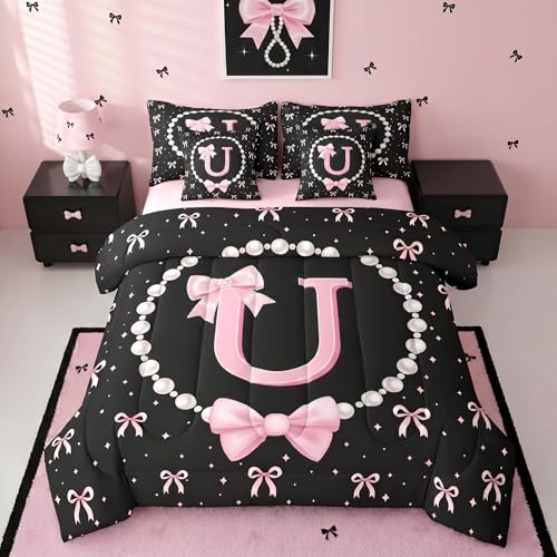 Erosebridal Pink and Black Bow Twin Comforter Set with Sheets - Monogrammed Initial U Bows Bedding Set 7 Piece for Girls Kids, Pink Coquette Bow Tie Fitted Flat Sheet, Cute Bowknot Bed Set at Amazon