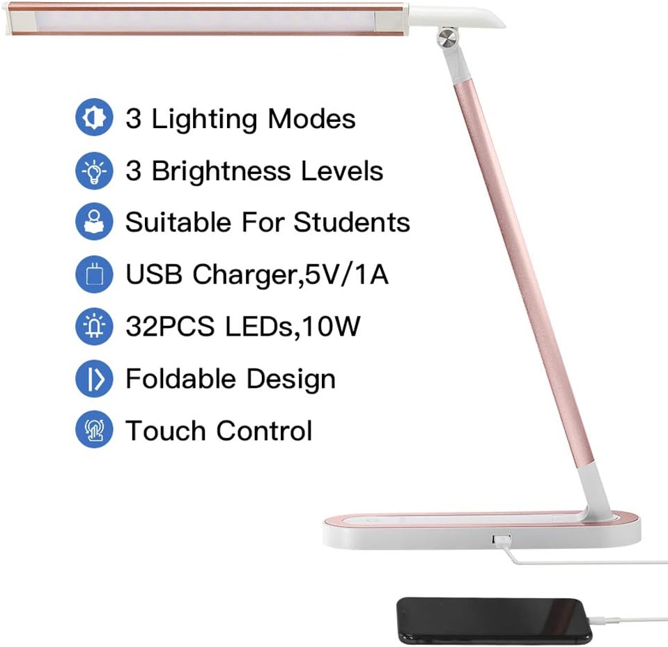 HDTIME Desk LED Lamp with USB Charging Port Touch-Sensitive Control 3 Lighting Modes with 3 Brightness Levels 32PCS LEDs for Study, Office and Home(Pink): Home Improvement