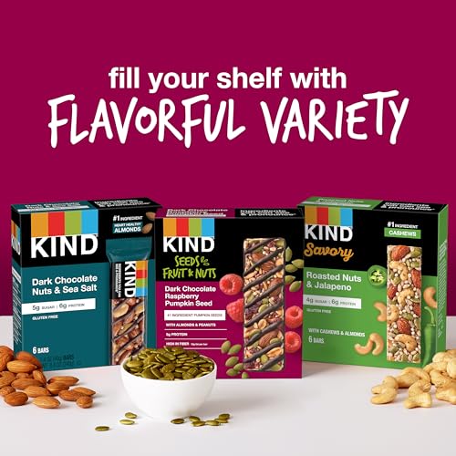 KIND HEALTHY SNACKS BARS, DARK CHOCOLATE RASPBERRY PUMPKIN SEED, GLUTEN FREE, HIGH FIBER SNACKS, 5G PROTEIN, 12 COUNT