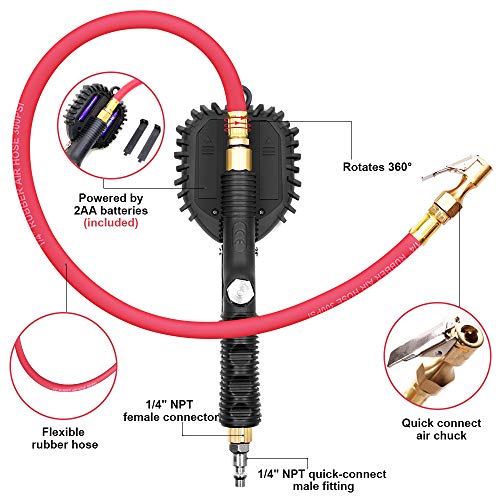 GOOLOO Upgraded Digital Tire Pressure Gauge, 255 PSI Tire Inflator Air Chuck and Compressor Accessories Heavy Duty with 360 Degree Rotatable Rubber Hose, Quick Connect Plug for Car Truck Motorcycle - Thumbnail 2