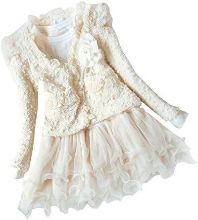 Yo Coco Little Girls 2ps Cardigan Clothes TuTu Formal Dress Outfits Beige Size 5-6 Years