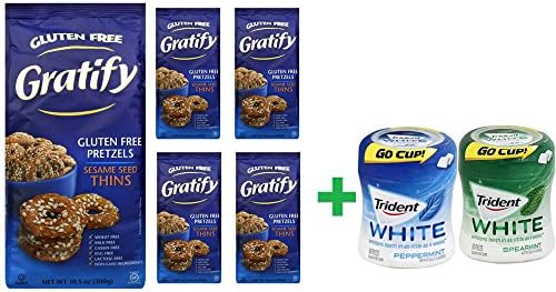 Gratify Gluten Free Sesame Seed Pretzel Thins ,10.5 OZ (5 PACK) + Trident Go Cup Spearmint 1/60 Count + Trident Go Cup Peppermint 1/60 Count(BUNDLE)