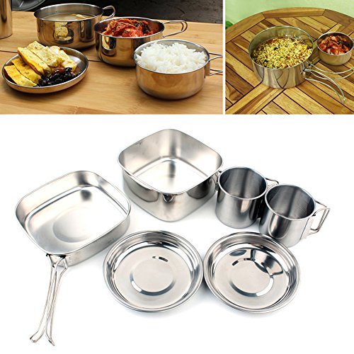 ink2055 6Pcs Stainless Steel Picnic Cookware Camping Backpacking Cooking Pot Pan Cup Set - Thumbnail 4