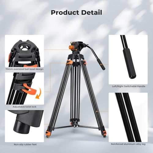K&F CONCEPT 80"/202cm Video Tripod with Fluid Head, Aluminium Alloy Heavy Duty Camera Tripod with QR Plate, Compatible with Canon/Nikon/Sony Camera, Camcorder, Load Capacity 8kg