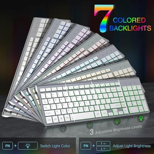 JOYACCESS Teclado y Mouse Inalámbrico Recargable Retroiluminación Blanco | RGB 7 Opciones 2.4G Inglés QWERTY