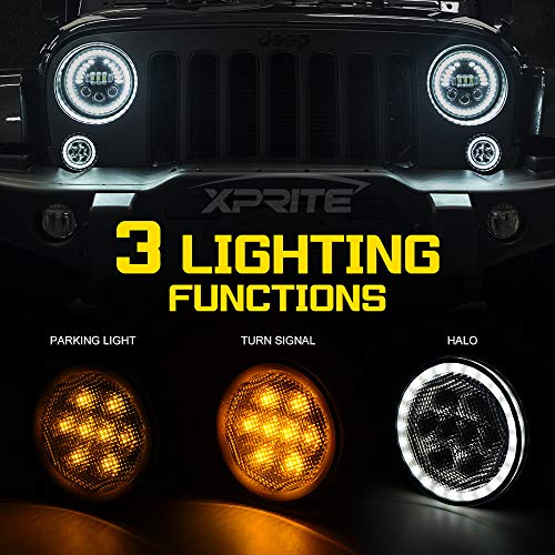 Xprite LED Amber Turn Signal Light with Smoke Lens and Halo DRL for 2007-2018 Jeep Wrangler JK JKU