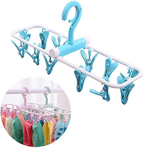 DuranRyan Clip and Drip Laundry Hanger Collapsible Clothes Drying Rack Clothesline Cloth Stand Sock Dryer for Home Outdoor Indoor Travel Wardrobe Bathroom 360 Degree Rotating Adjustable with 12 Clips