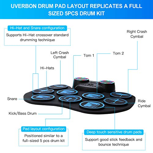 Electronic Drum Pad Multicolor LED Digital Display Hand Roll-Up Drum Kit 9 Silicon Durm Pad Built-In Stereo Speaker Bluetooth, MIDI, for Kids Beginners - Uverbon