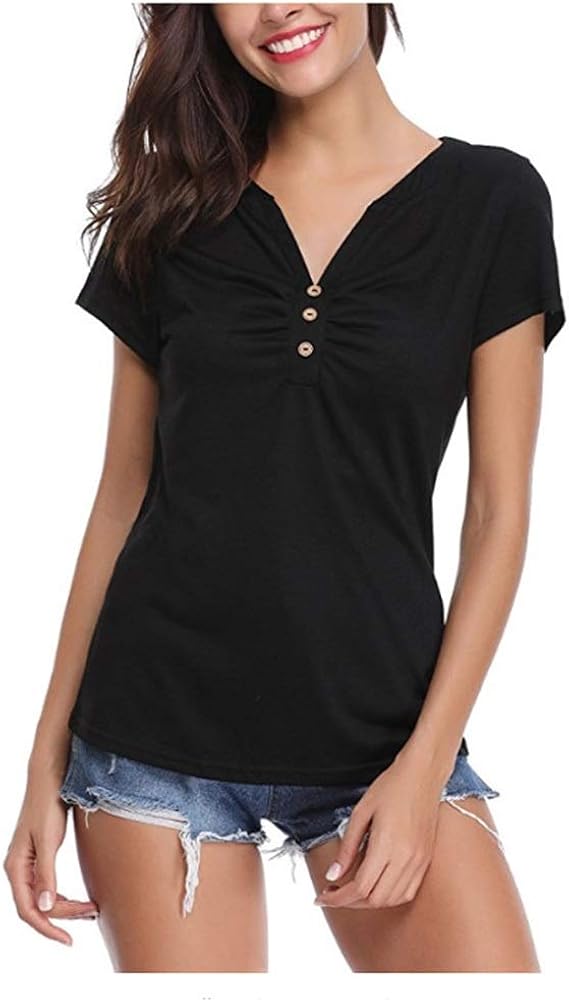 Clothing Women's Short Sleeve Vneck Button Tshirts Blouse Blouses Women V Neck T Shirts Womens