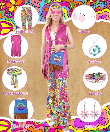 HEITOYI Women's Hippie Costume, 70s Costume with Dress, Vest, Trousers and Accessories, Carnival Costumes Adult Women, Cosplay Hippie for Halloween, Carnival, Party