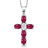 Gem Stone King 925 Sterling Silver Red Ruby and White Moissanite Cross Pendant Necklace for Women | 3.50 Cttw | Gemstone July Birthstone | Oval 6X4MM | With 18 Inch Chain