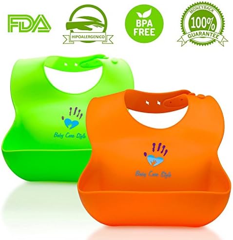 Waterproof Silicone Bib Easily Wipes Clean! Comfortable Soft Baby Bibs Keep Stains Off! Spend Less Time Cleaning after Meals with Babies or Toddlers! Set of 2 Colors. (orange / green)