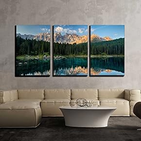 3 Piece Canvas Wall Art - Lake with Mountain Forest Landscape Lago Di Carezza - Modern Home Art Stretched and Framed Ready to Hang - 16"x24"x3 Panels