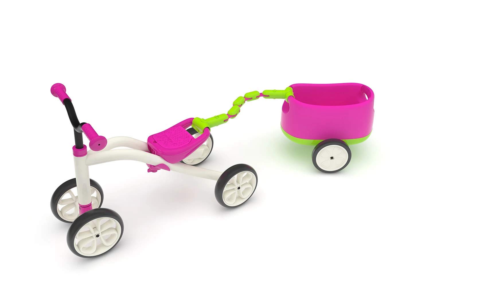 Chillafish Quadie+Trailie, stable 4-wheeler ride-on with trailer, for kids 1-3 year, 3 seat positions, grow-with-me ride-on with cookie storage in the seat and silent non-marking wheels, pink