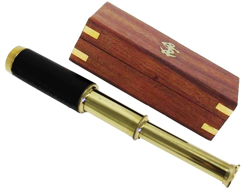 9.5" Handheld Brass Telescope with Anchor Wooden Box - Pirate Collection