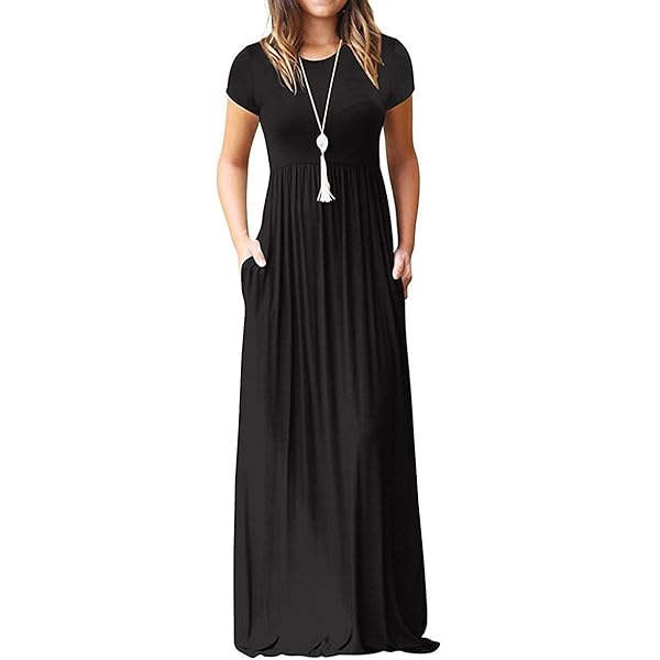 fitted lace wedding dress WNEEDU Women's 3/4 Sleeve Casual Loose Long Maxi Dresses with Pocket,Solid  Black,S at Amazon Women's Clothing store
