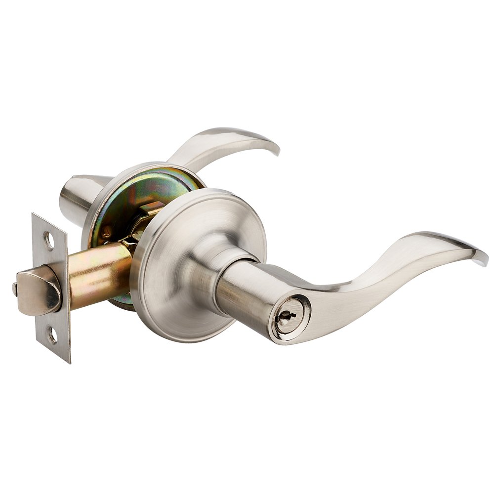 HAIFUAN Right Handed Wave Style Lever Handle Entry Front Door Knob Leverset Lockset, Satin Nickel Finish(805-K-R)