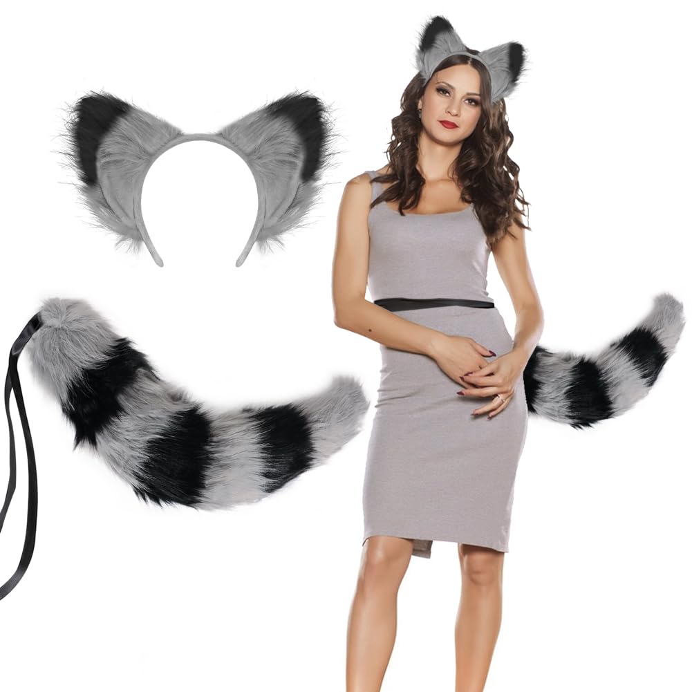 Faux Furry Fox Ears Headband Tail Set Halloween Fox Costume Fox Head Fancy Dress Fox Hairband Hair Hoop Wolf Tail Kit Furry Costume Cute Animal Fluffy Fancy Dress Costume Cosplay Accessories
