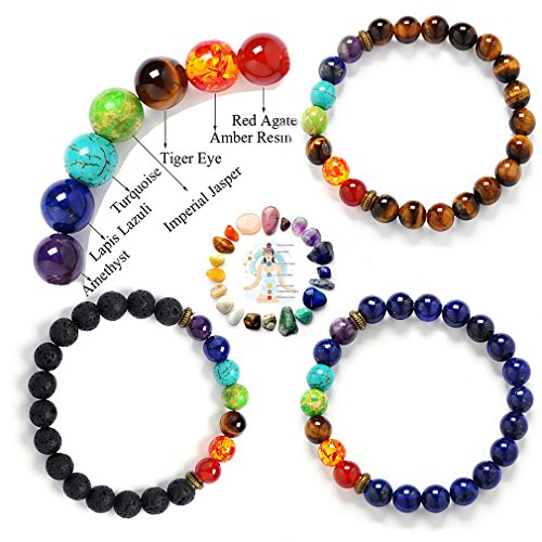 7 Chakra Healing Bracelet | Natural Stones Yoga Beads Balancing Bracelet | Volcanic Lava Buddhist Prayer Mala Necklace | Meditation Gemstone Beads Jewelry | Diffuser Bracelet Perfect GIft (Tri)