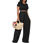 YouSexy Casual Summer 2 Piece Outfits for Women Short Sleeve Crop Top High Waist Wide Leg Pants Sets