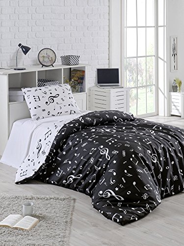 LaModaHome Musical Duvet Cover Set, 65% Cotton 35% Polyester - Music Notes are Dancing, Black and White - Set of 3 - Duvet Cover, Flat Sheet and Pillowcase for Single Bed Music Decor