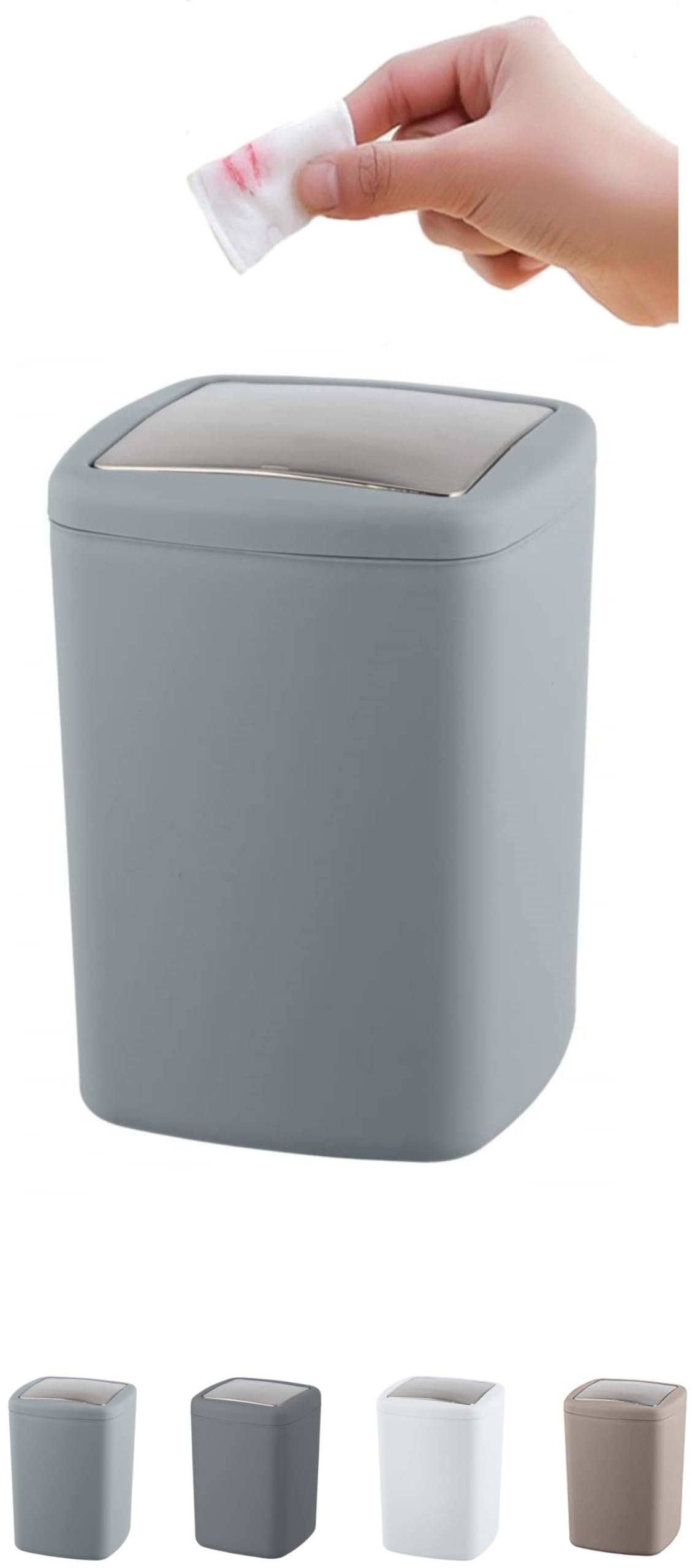 WK Barcelona Square Small Swing Waste/ Bathroom /Cosmetics /Table Top Bin (Light Grey, 3LTR)