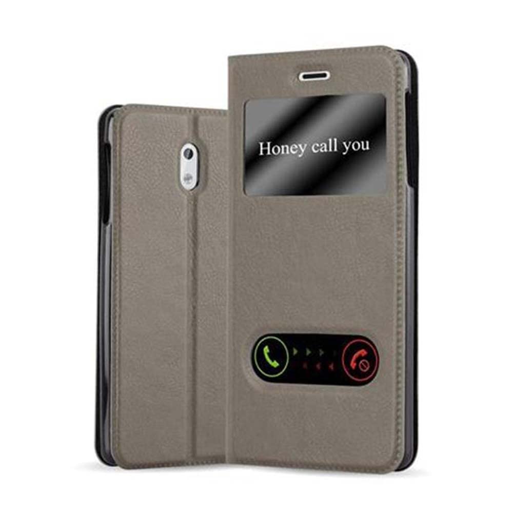 cadorabo Book Case works with Nokia 3 2017 in STONE BROWN - with Magnetic Closure, 2 Viewing Windows and Stand Function - Wallet Etui Cover Pouch PU Leather Flip