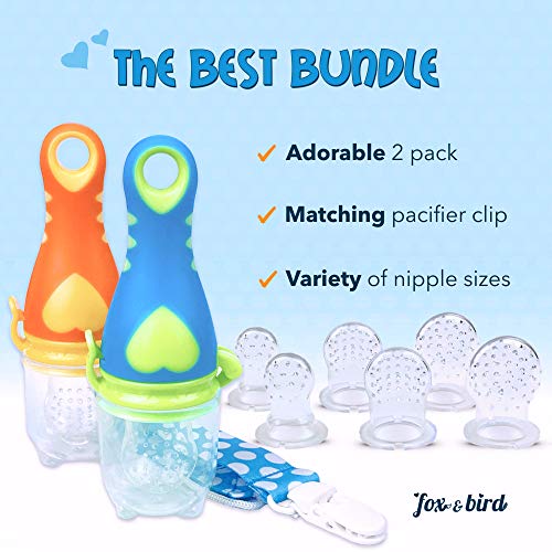 Fox and Bird - Baby Fruit Feeder Pacifier (2 Pack) | Baby Food Feeder | Doubles as Teething Toy for Infants and Toddlers | Includes Pacifier Clip and 6 Silicone Pouches (Blue/Orange) - Thumbnail 6