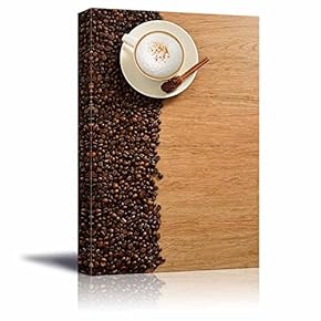 Canvas Prints Wall Art - A Cup of Cappuccino and Coffee Beans on Old Wooden Board | Modern Wall Decor/Home Art Stretched Gallery Canvas Wraps Giclee Print & Ready to Hang - 18" x 12"