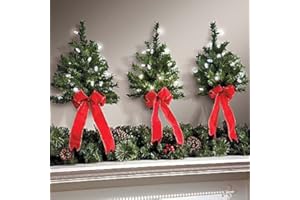 KNL STORE Set of 3 LED White Lights w/ Timer Wireless Battery Operated Wall Hanging Swag Wreath Christmas Tree Decor Red Bow Faux Pine Greenery Indoor Home Accent Lighted Decoration