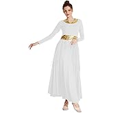 REXREII Women Praise Dance Robe Metallic Waistband Long Sleeve Liturgical Worship Dress Chiffon Skirt Lyrical Costume