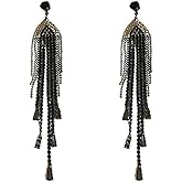 Black Rhinestone Long Tassel Earrings for Women.Crystal Chandelier Dangling Earrings Black Statement Earrings Fringe Zircon Drop Earrings Fashion Jewelry Gifts