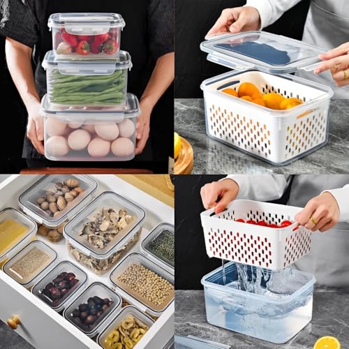 Kit 3 Potes Organizadores de Geladeira Hermético com Trava nas Tampas Borracha Isolante e Cesto de Escorrer Removível - Organizador de Frutas Legumes Saladas - Sem BPA - Qualidade Premium - Shop100