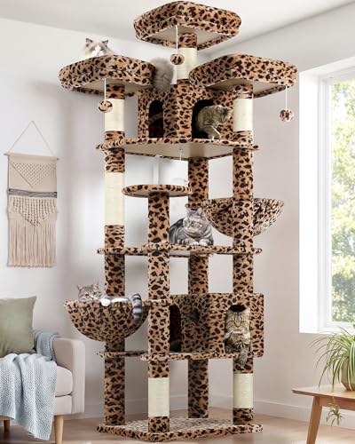 Globlazer Leopard Cat Tree XXL 209 cm with 3 Padded Perches, 2 Niches, Large Platforms, 2 Baskets, Plush Toys, Huge, Stable Cat Trees for 3-5 Cats Indoor (F82, Leopard)