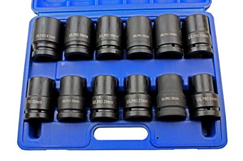 US Pro 12 Pc 1" Drive Single Hex Deep Impact Socket Set