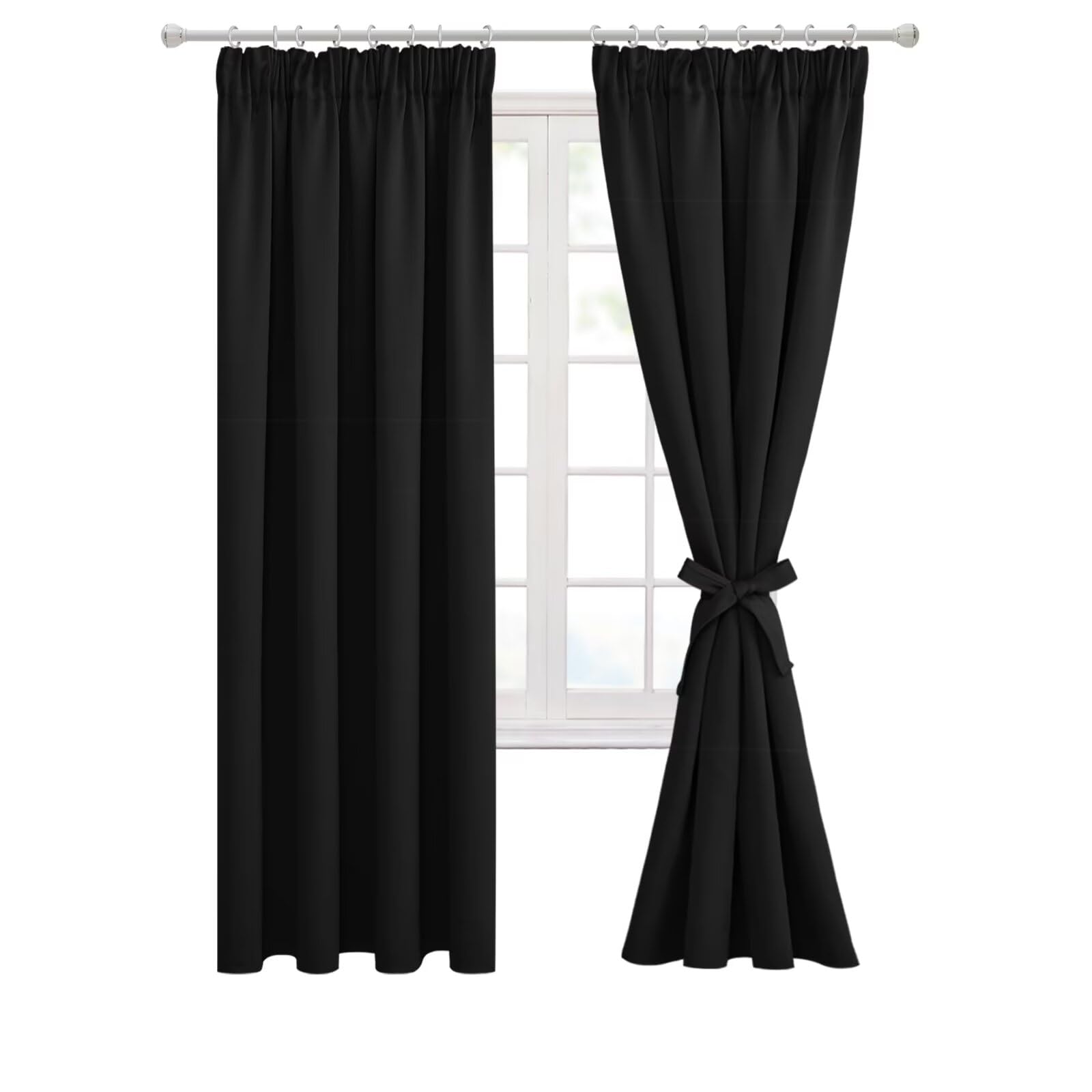 Hiasan Pencil Pleat Blackout Thermal Insulated Curtains, Bedroom and Living Room with Tiebacks, Energy Saving and Noise Reducing, 2 Panels, 46 x 72 Inch, Black