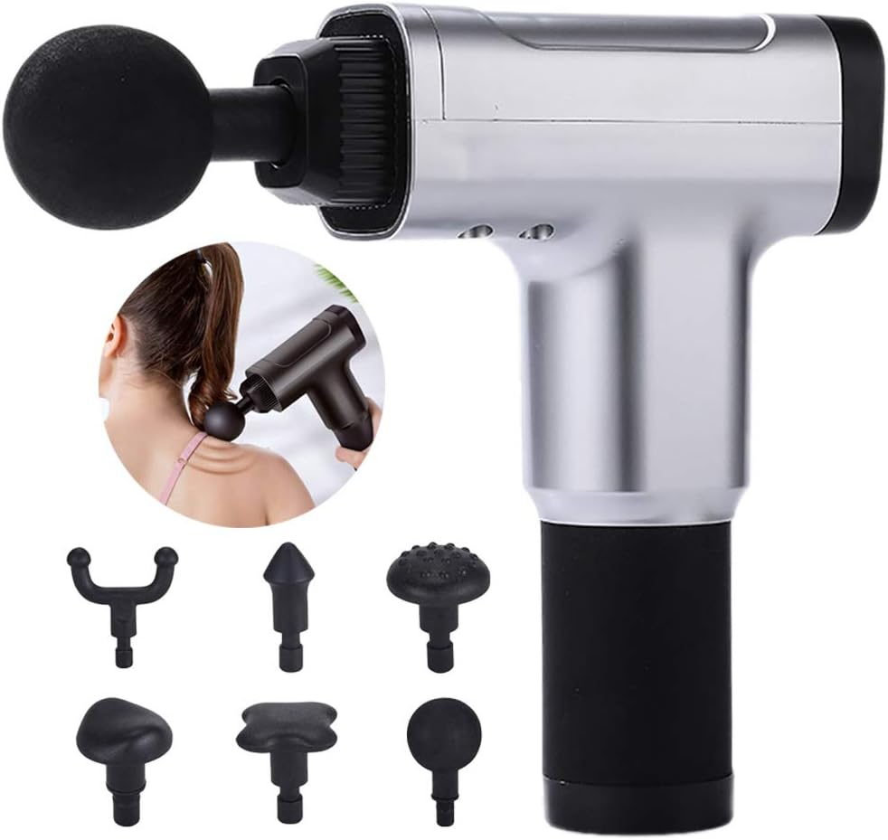 6 Speeds Massage Gun,Cordless Handheld Professional Deep Tissue Muscle Massage Gun for Athletes with 6 Massage Heads (Silver)