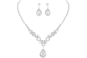 Unicra Bride Silver Bridal Necklace Earrings Set Crystal Bridal Wedding Jewelry Set Rhinestone Choker Necklace for Women and Girls (3 piece set - 2 earrings and 1 necklace)