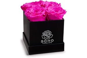 Soho Floral Arts | Roses in A Box | Genuine Roses that Last for Years (Black Square 4ct, Radiant Pink) | Mothers Day Gifts