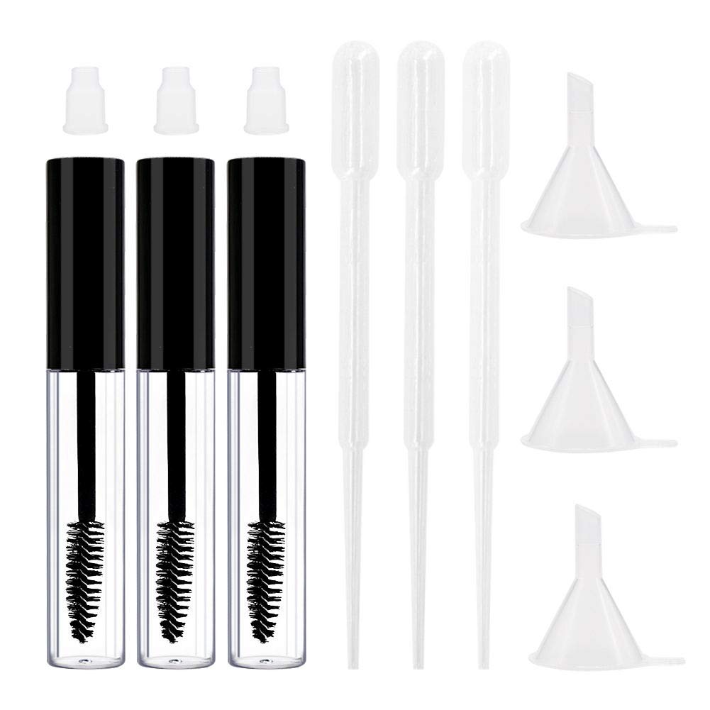 Angzhili 3 Pcs 8mL Empty Mascara Tubes With Eyelash Wand for Eyelash Growth Oil/Mascara with Brush for Home and Travel With Eyelash Wand, Includes 3 tubes, 3 rubber inserts and 3 funnels