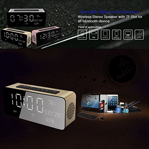 Orionstar Wireless Bluetooth Alarm Clock Radio Speaker with HD Sound & Big Digital Screen Compatible with iPhone/Android/PC4/Aux/Micro SD/TF/USB for Bedroom Office Model A10 Gold with Wall Charger
