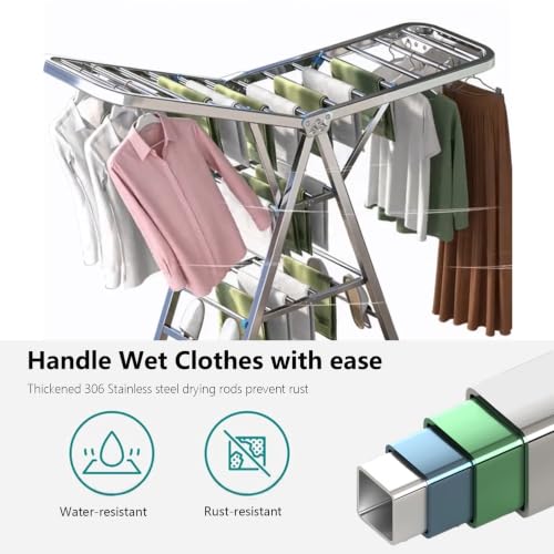 3 Tier Extendable Clothes Drying Rack, 1.8M Compact Stainless Clothes Stand,Winged FreeStanding Laundry Dryer Rack for Drying Clothing Indoor Outdoor,Height-Adjustable Wings,33 Rails,Sock Clips,Wheels