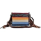 Myra Bag Etched Rainbow Hand-Tooled Bag Upcycled Cotton & Leather S-3077