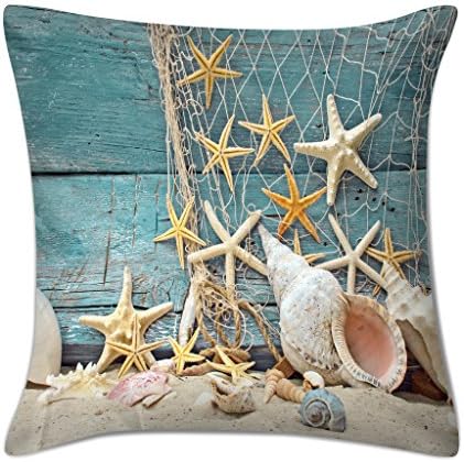 LIULIUS 18 Inch Sea Beach Starfish on Fishing Net Cotton &amp; Polyester Pillow Cover Soft Square Throw Pillowcase (Twin Side)