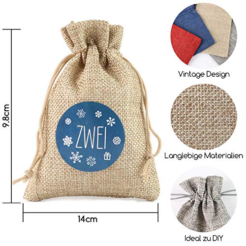 VGOODALL Adventskalender zum Befüllen, 4 Farben 24er Set Stoff Beutel mit 1-24 Adventszahlen Aufkleber Geschenk DIY Weihnachten Geschenksäckchen
