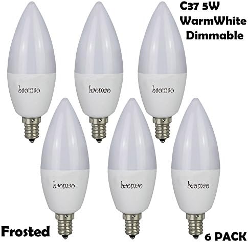 Baomao Dimmable Candelabra LED Bulbs, 40W Incandescent Bulbs Equivalent, 5W E12 LED Bullet, UL Listed, Chandelier Bulbs, 400lm, 120° Beam Angle, Warm white, 2700K, LED Candle Bulbs,6 Pack (Frosted)