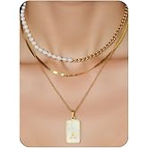 Layered Gold Pated Initial Necklace for Women 3 Pcs, Shell Initial Pandent Chunky Pearl Choker Snake Cuban Chain Stacked Necklace Trendy Statement Jewelry Gift (A-Z)